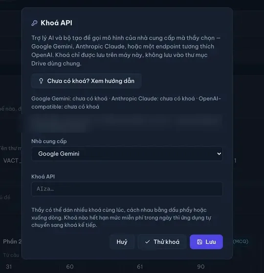 Hộp Khoá API trong app