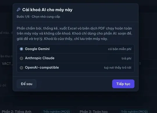 Trình hướng dẫn cài khoá AI, bước chọn nhà cung cấp